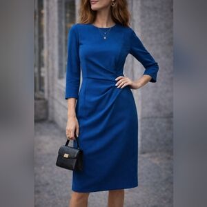 Calvin Klein Cobalt Blue Sheath Dress Size 4 3/4 Sleeve Ruched Waist